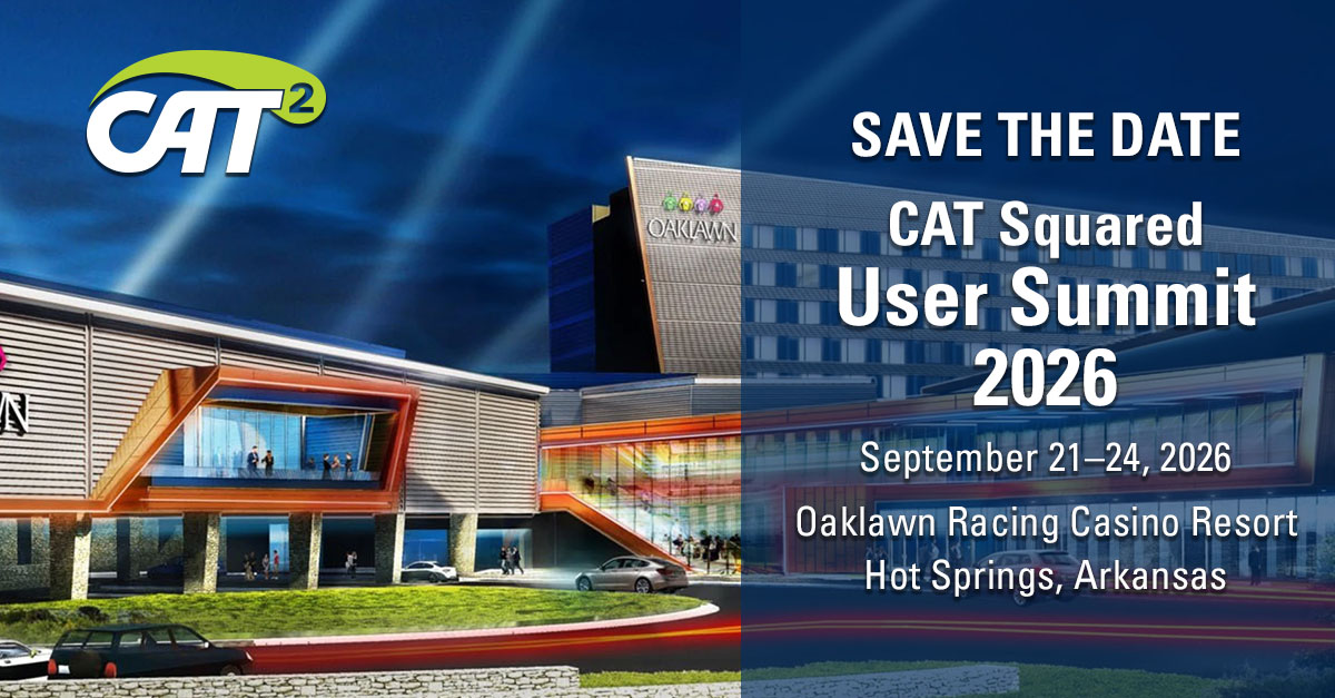 Header image for CAT Squared User Summit 2026 at Oaklawn Racing Casino Resort in Hot Springs, Arkansas, September 21–24, highlighting training, product updates, and networking opportunities for food manufacturing leaders.