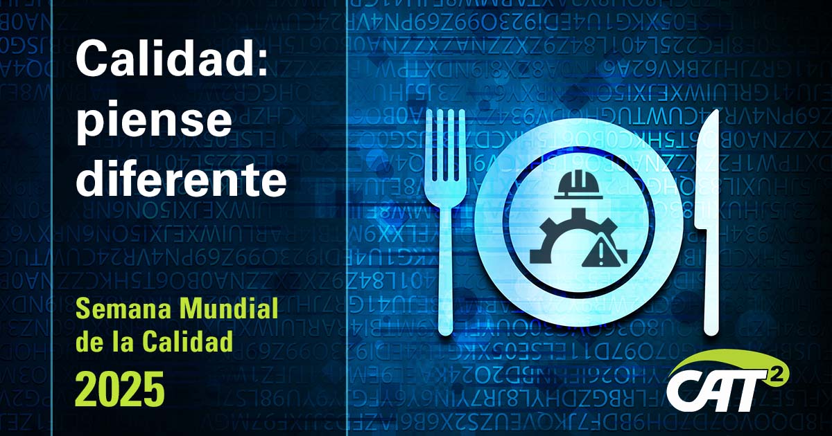 Banner de la Semana Mundial de la Calidad 2025 con el mensaje “Calidad: piense diferente” y un ícono de calidad alimentaria sobre un plato, tenedor y cuchillo.