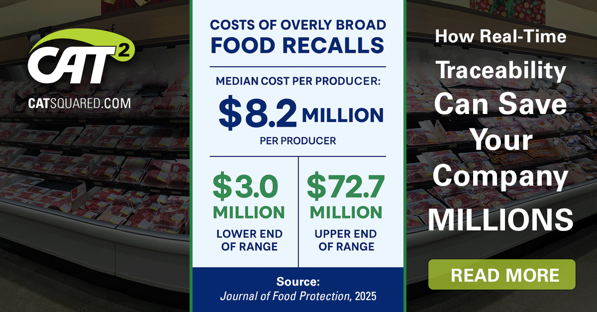 Infographic showing cost of overly broad food recalls and how real-time traceability software can reduce financial risk for food processors