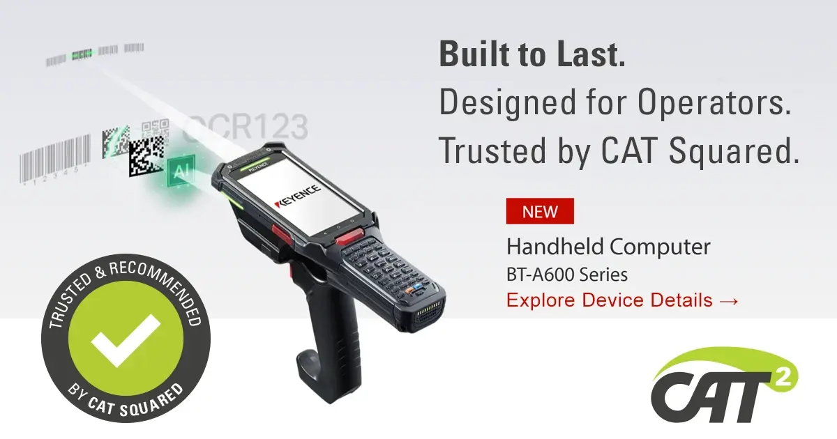 Keyence BT-A600 handheld barcode scanner recommended by CAT Squared for cold storage and food processing environments with MES and ERP integration.