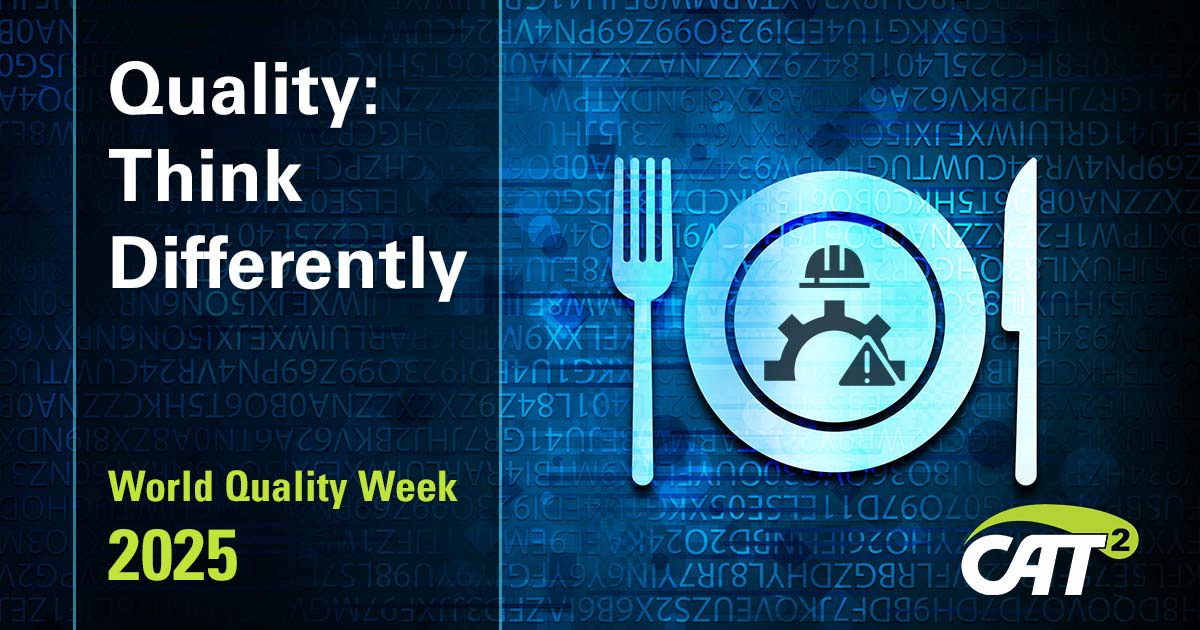 World Quality Week 2025 graphic featuring the theme ‘Quality: Think Differently,’ with digital data background, plate and cutlery icons representing food manufacturing, and the CAT² logo.
